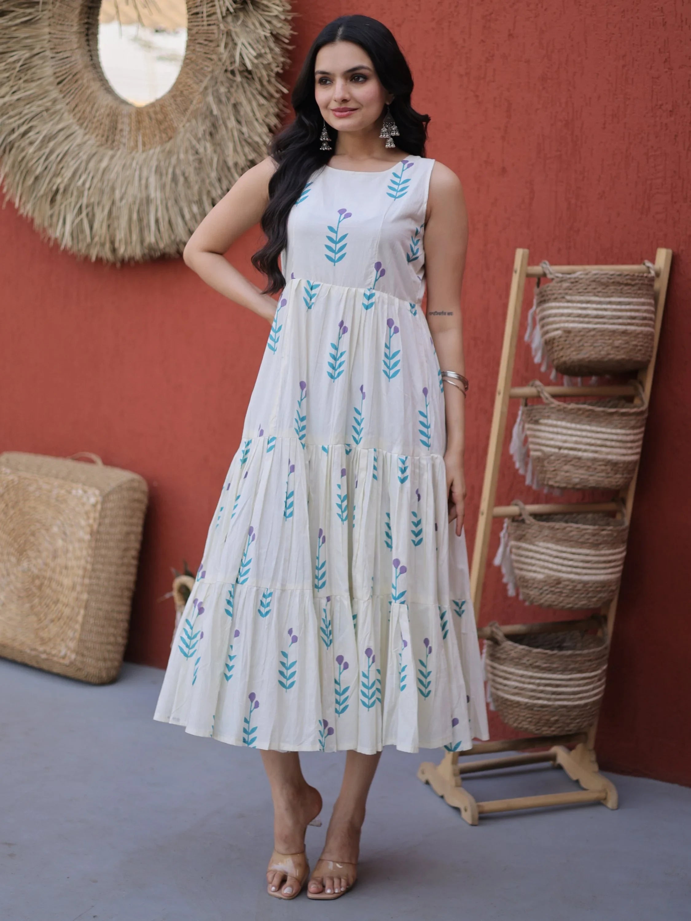 Fabulous Sky Blue Printed Cotton Daily Wear Dress
