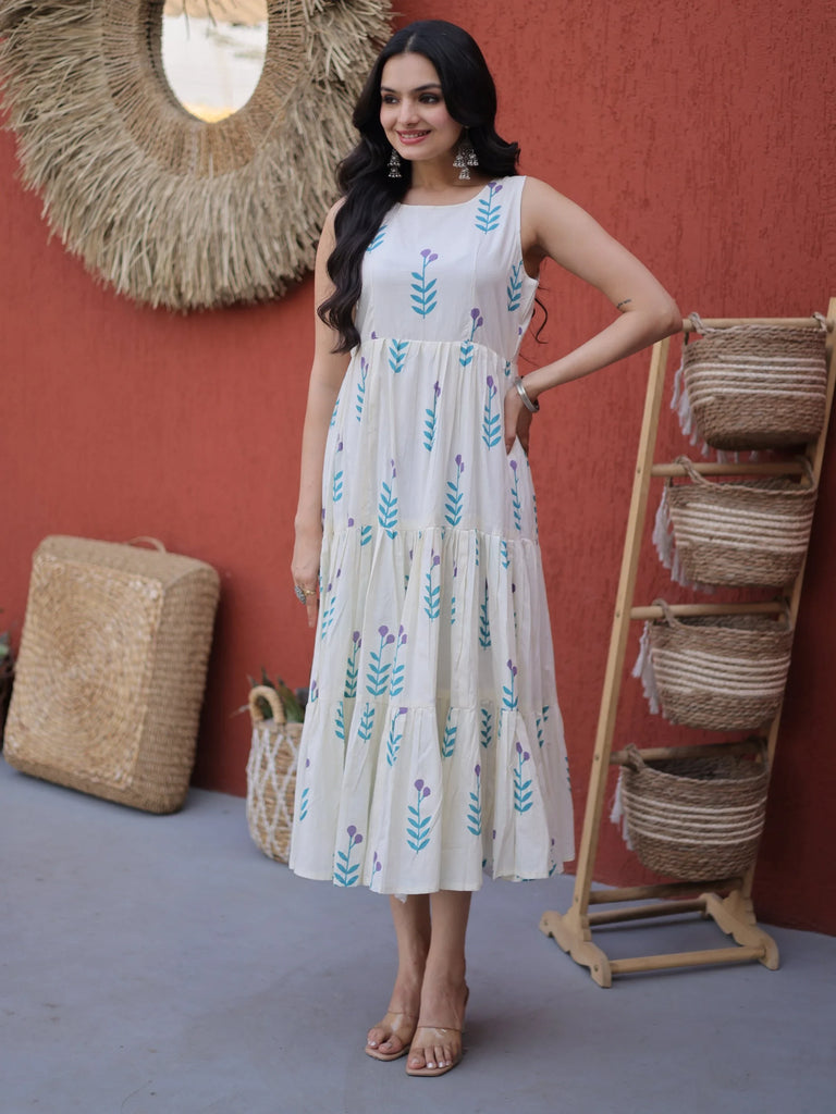 Fabulous Sky Blue Printed Cotton Daily Wear Dress