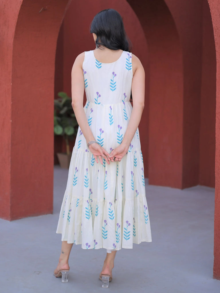 Fabulous Sky Blue Printed Cotton Daily Wear Dress