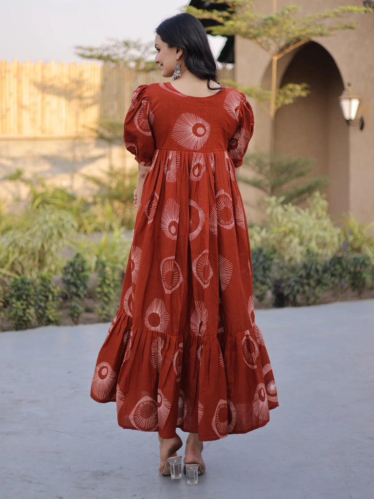 Glorious Rust Orange Printed Cotton Office Wear Dress