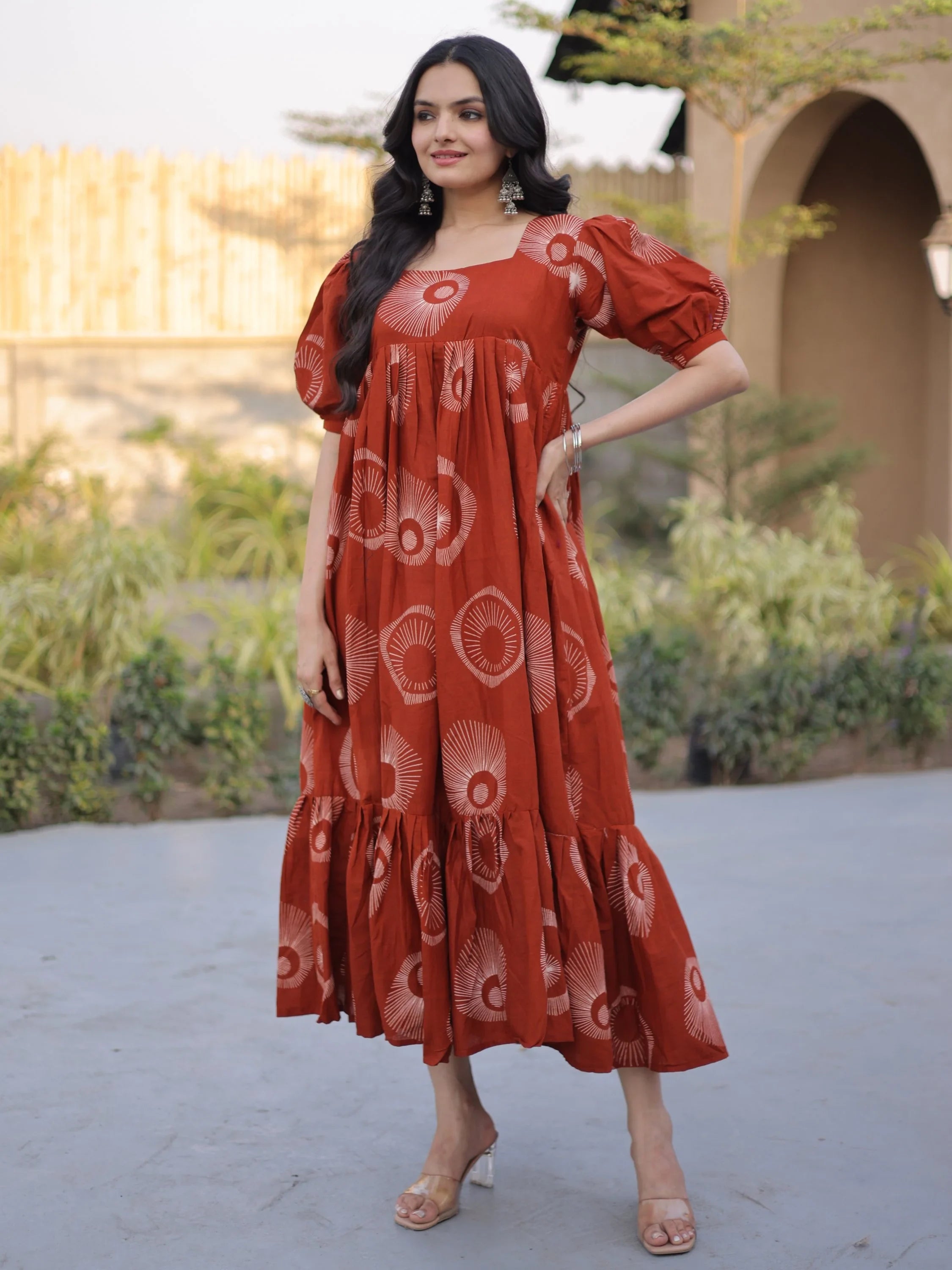 Glorious Rust Orange Printed Cotton Office Wear Dress
