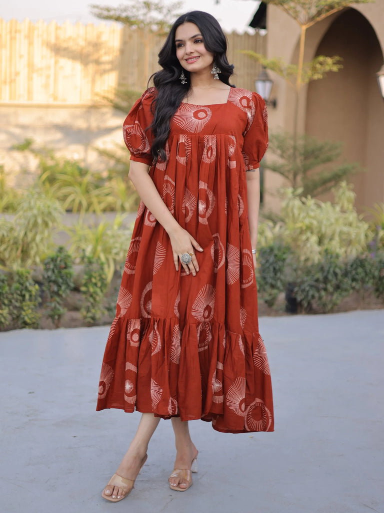Glorious Rust Orange Printed Cotton Office Wear Dress