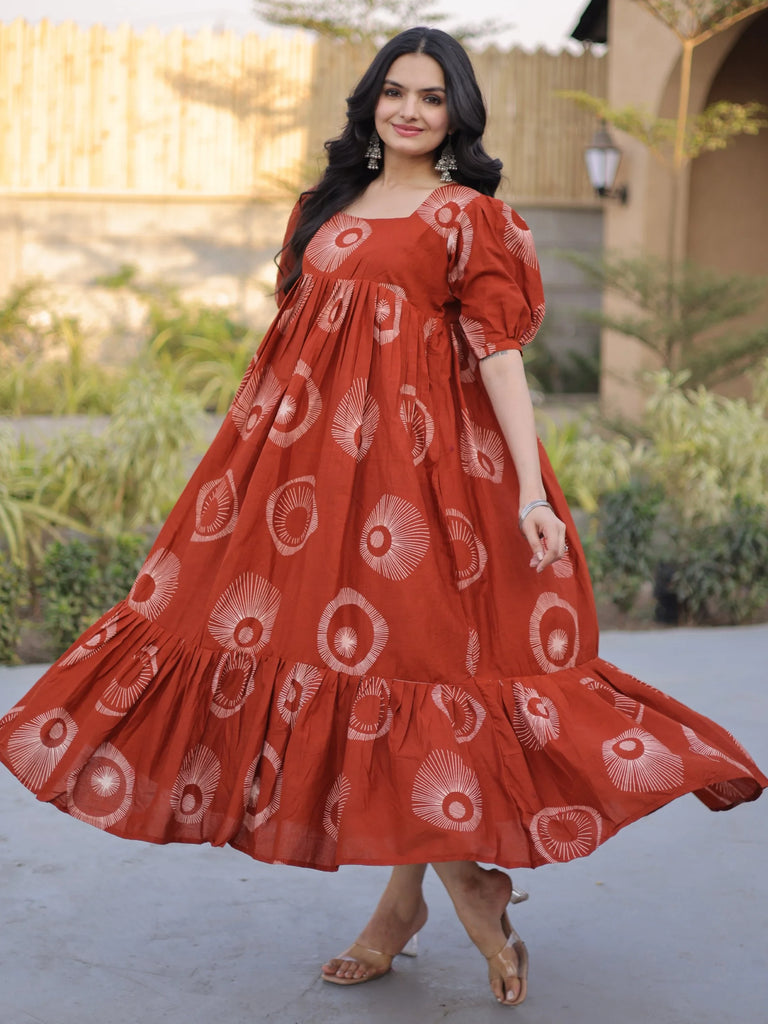 Glorious Rust Orange Printed Cotton Office Wear Dress