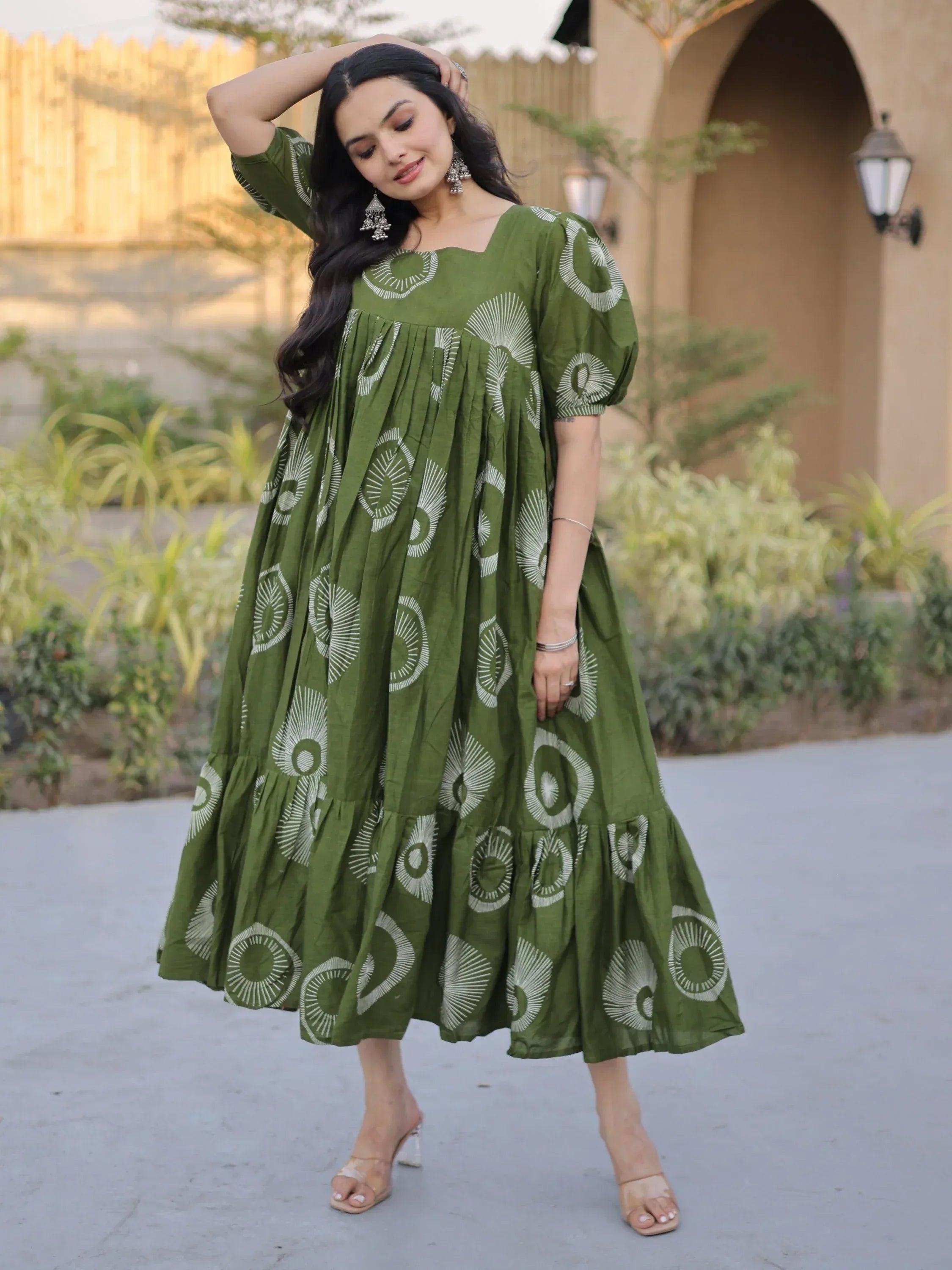 Exclusive Green Printed Cotton Casual Wear Dress