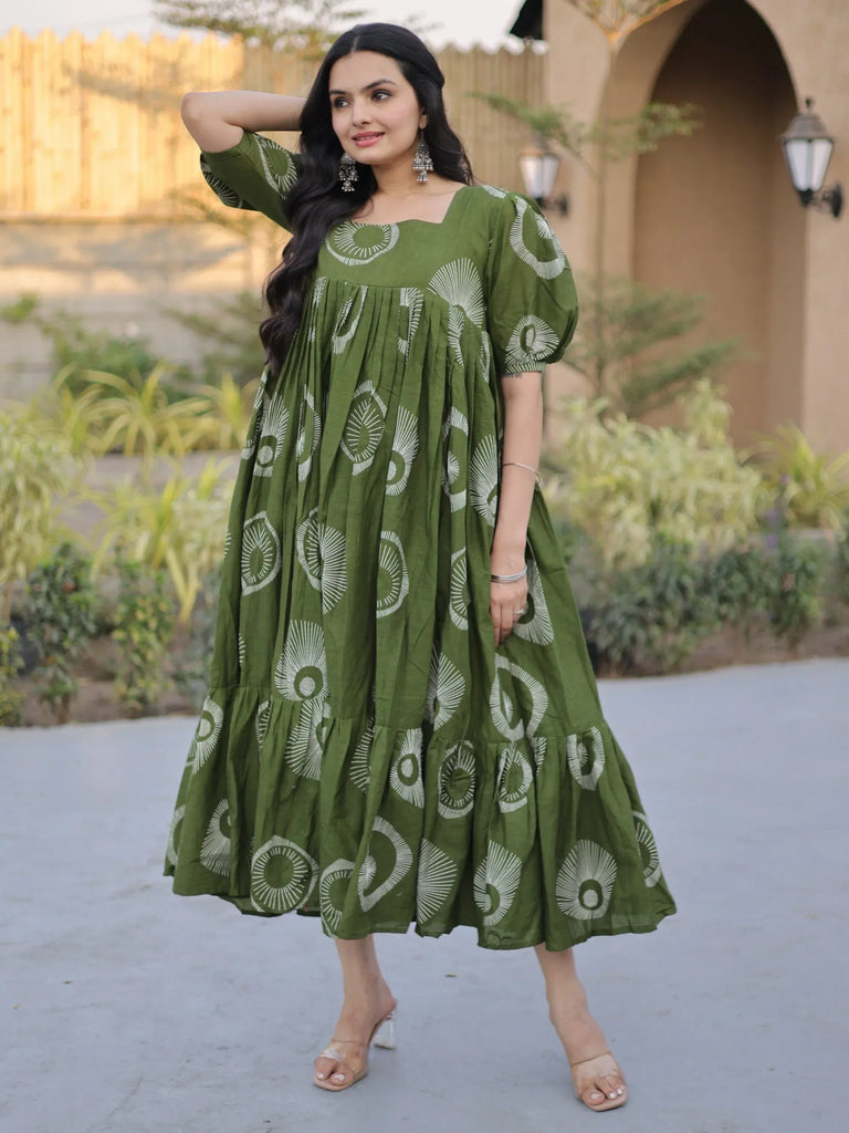 Exclusive Green Printed Cotton Casual Wear Dress