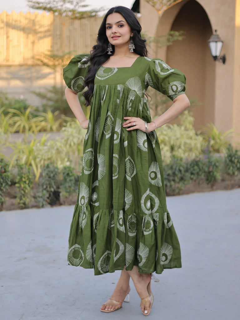 Exclusive Green Printed Cotton Casual Wear Dress