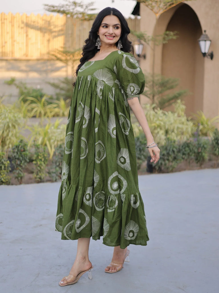Exclusive Green Printed Cotton Casual Wear Dress