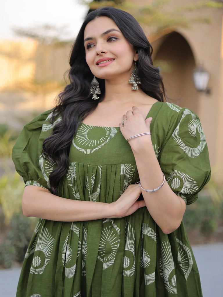 Exclusive Green Printed Cotton Casual Wear Dress