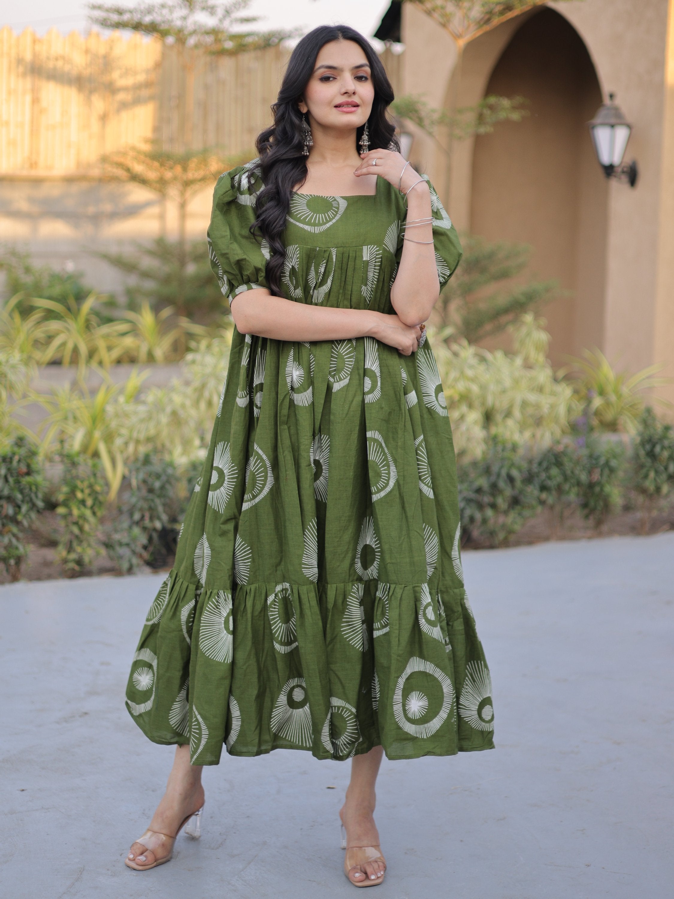 Exclusive Green Printed Cotton Casual Wear Dress