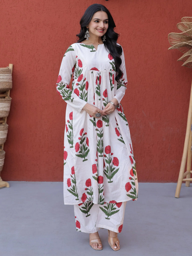 Dazzling Pink Floral Printed Cotton Casual Wear Kurti With Pant