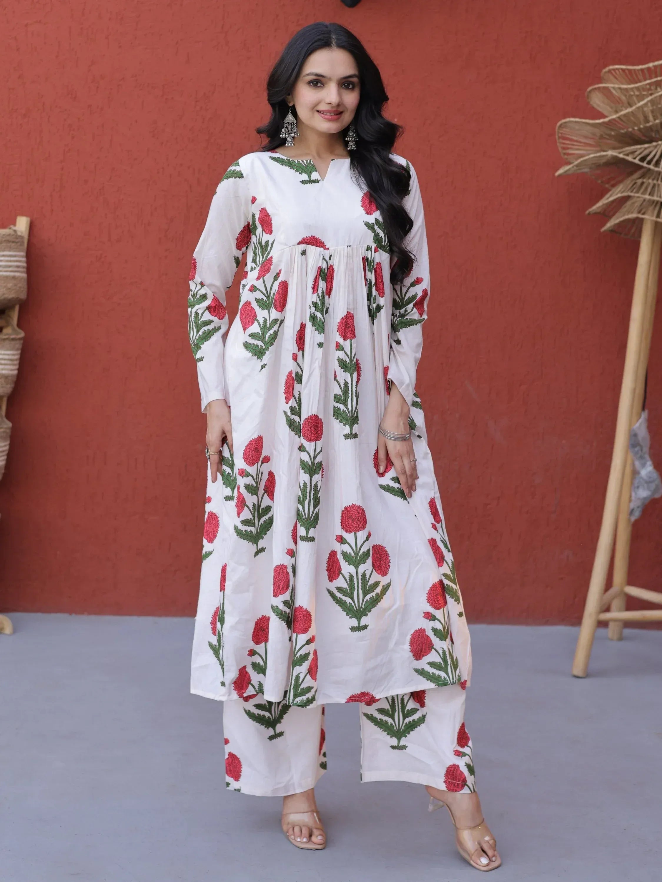 Dazzling Pink Floral Printed Cotton Casual Wear Kurti With Pant