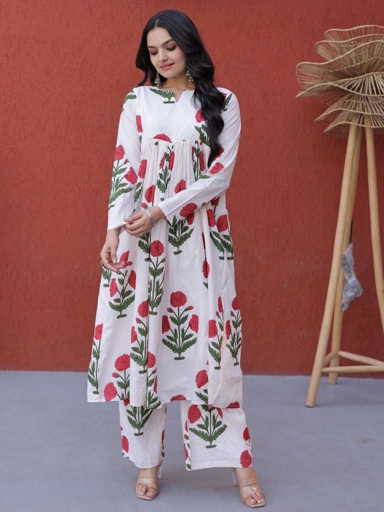 Dazzling Pink Floral Printed Cotton Casual Wear Kurti With Pant