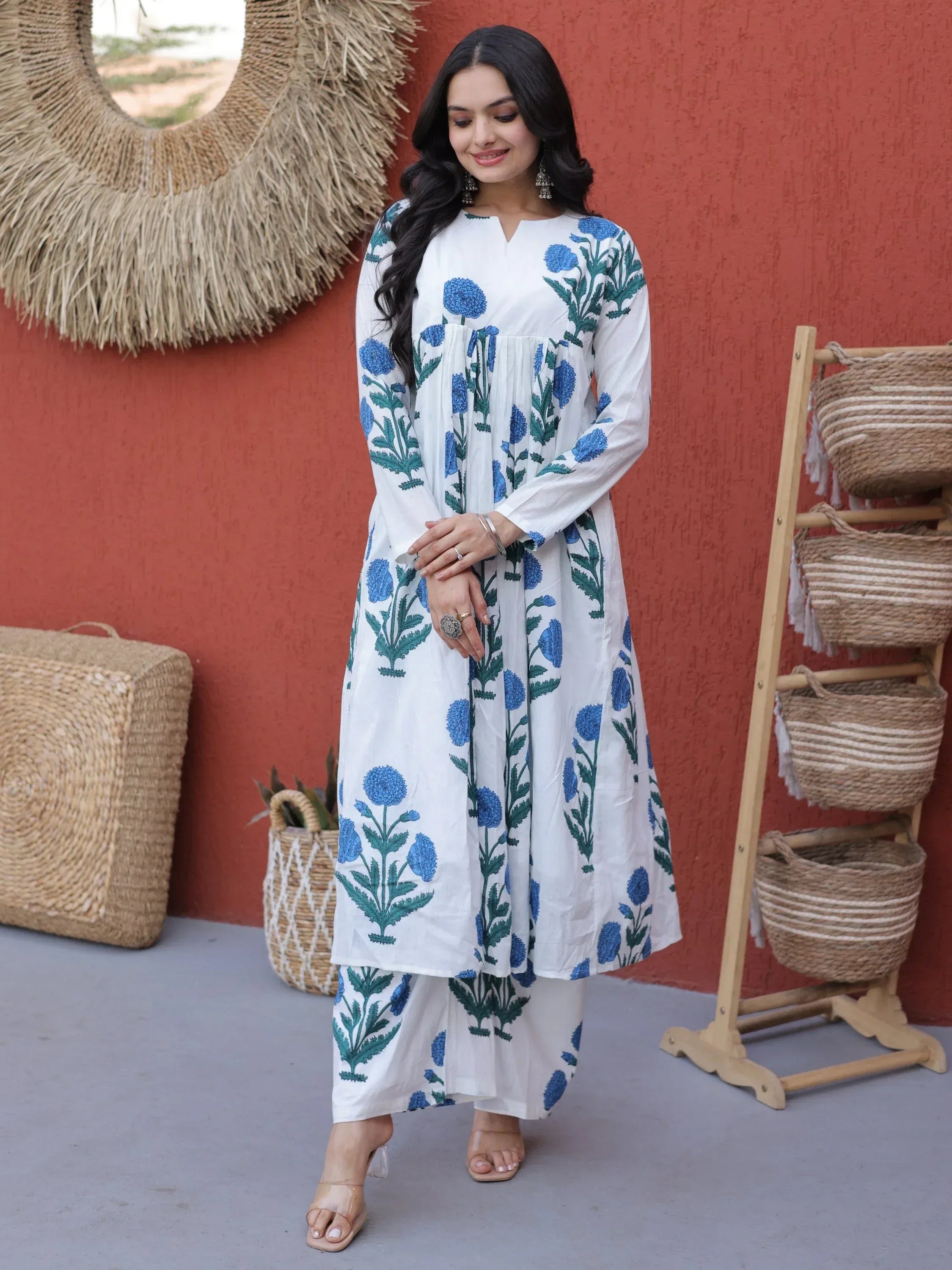 Beautiful Sky Blue Floral Printed Cotton Daily Wear Kurti With Pant