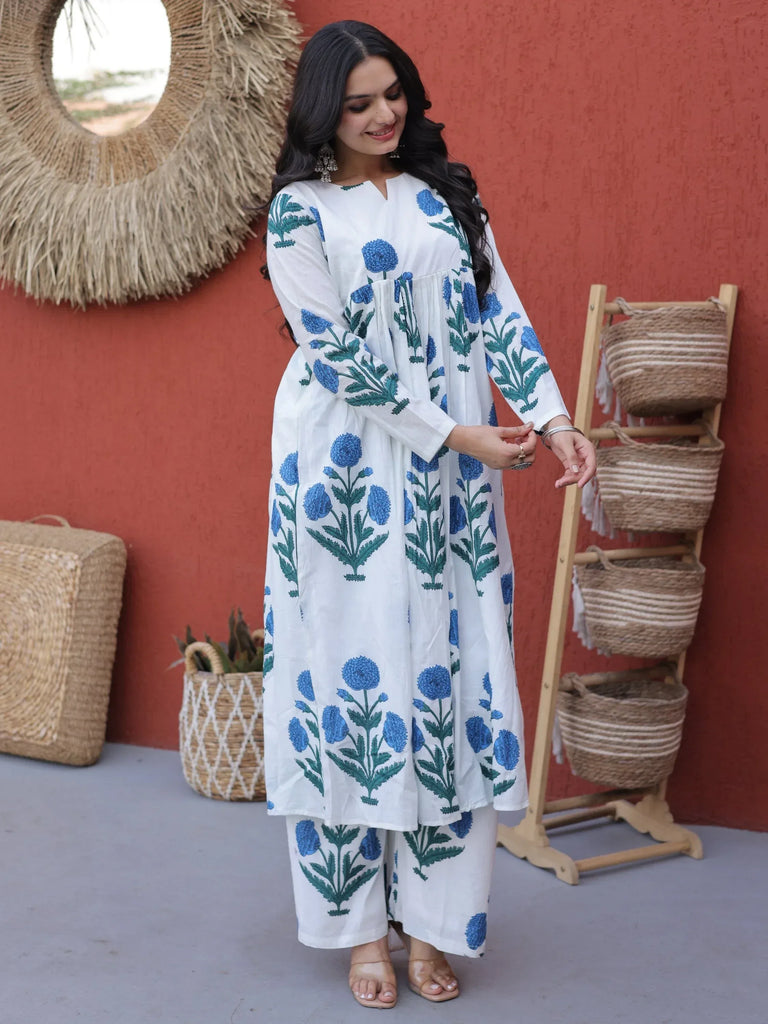 Beautiful Sky Blue Floral Printed Cotton Daily Wear Kurti With Pant
