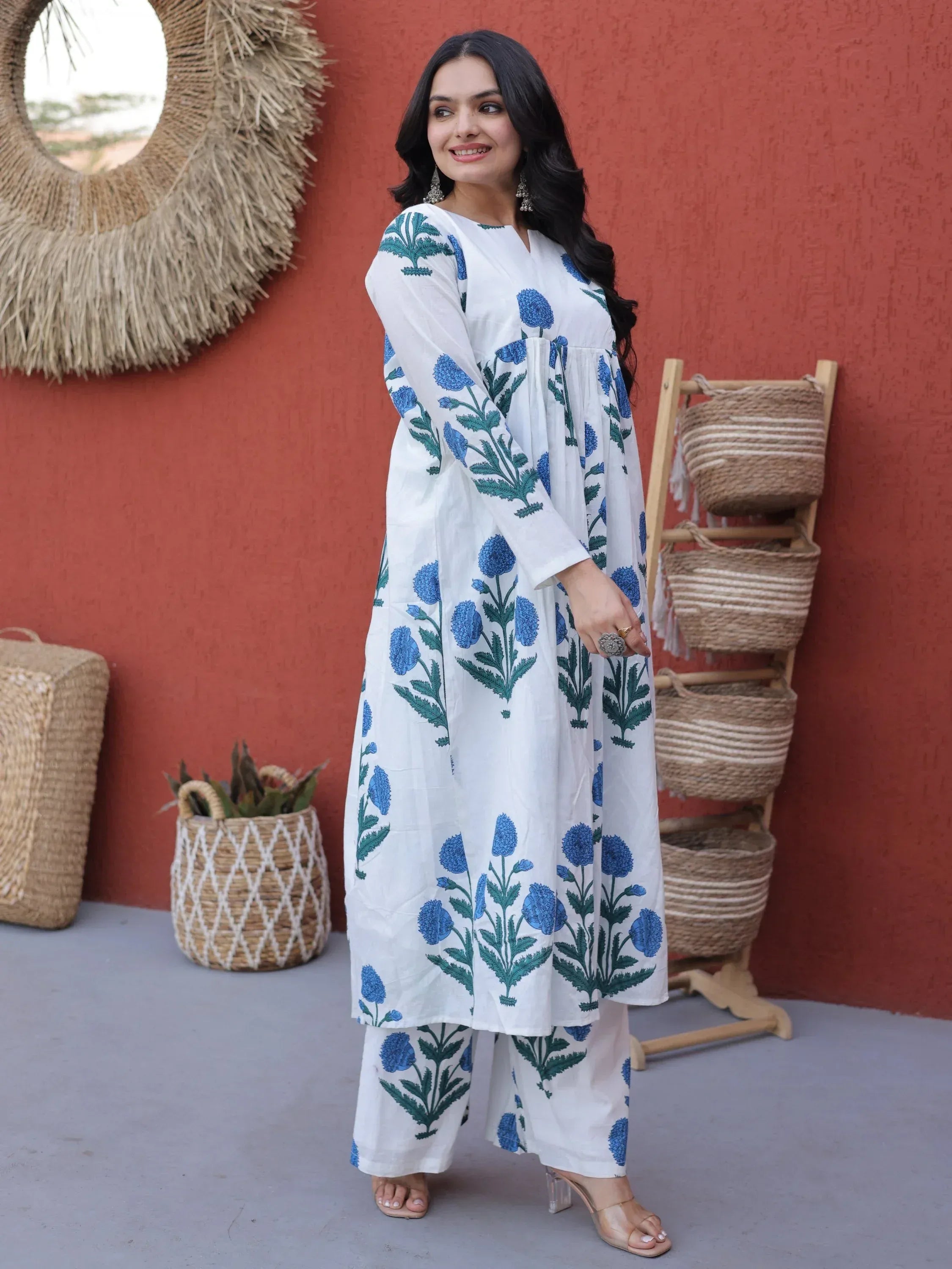 Beautiful Sky Blue Floral Printed Cotton Daily Wear Kurti With Pant