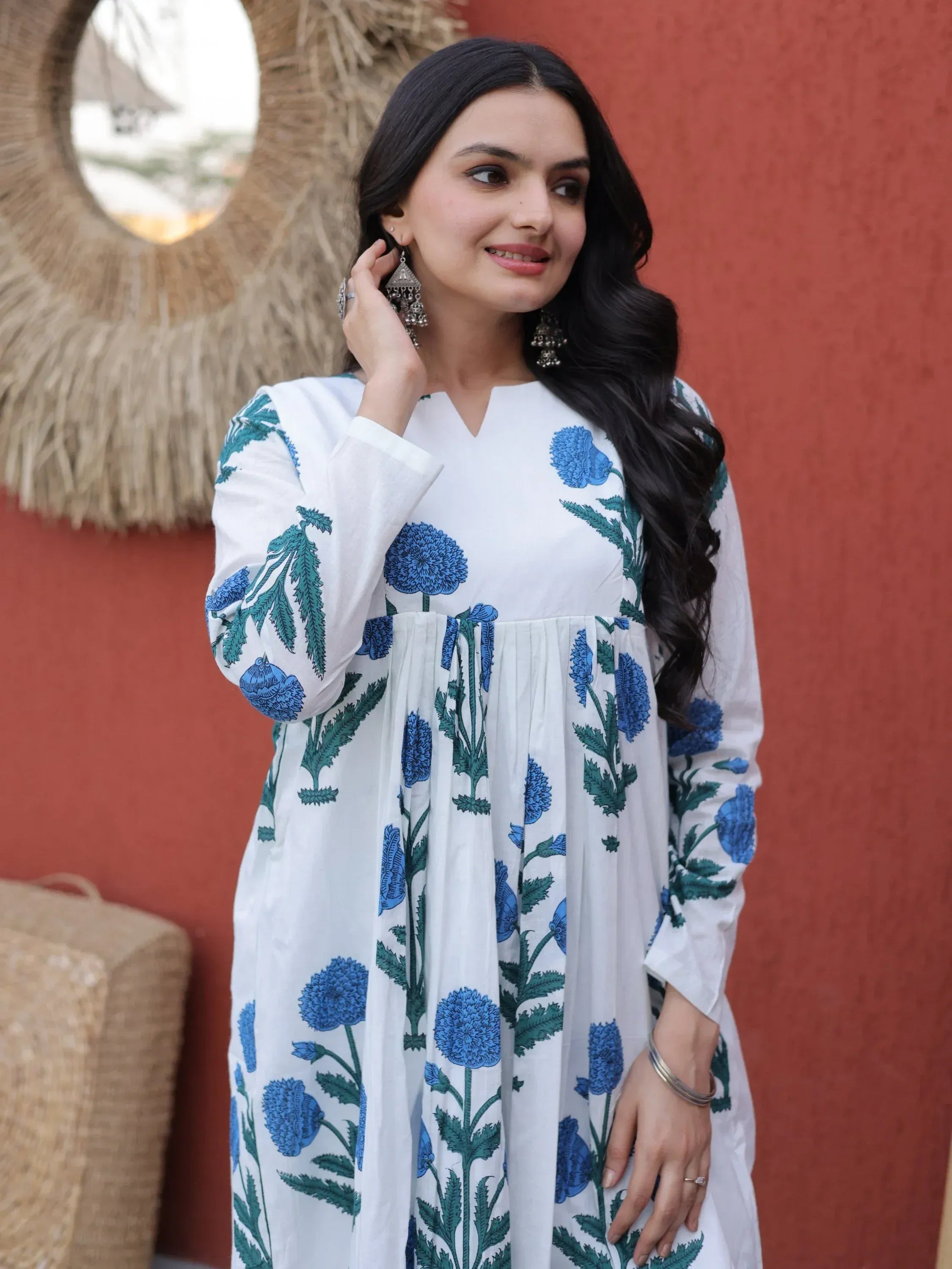Beautiful Sky Blue Floral Printed Cotton Daily Wear Kurti With Pant