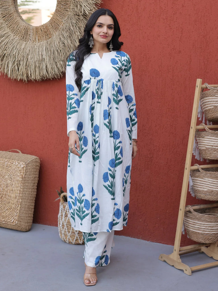 Beautiful Sky Blue Floral Printed Cotton Daily Wear Kurti With Pant