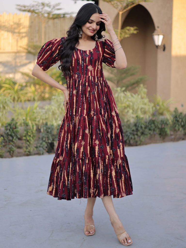 Fantastic Maroon Printed Cotton Casual Wear Dress