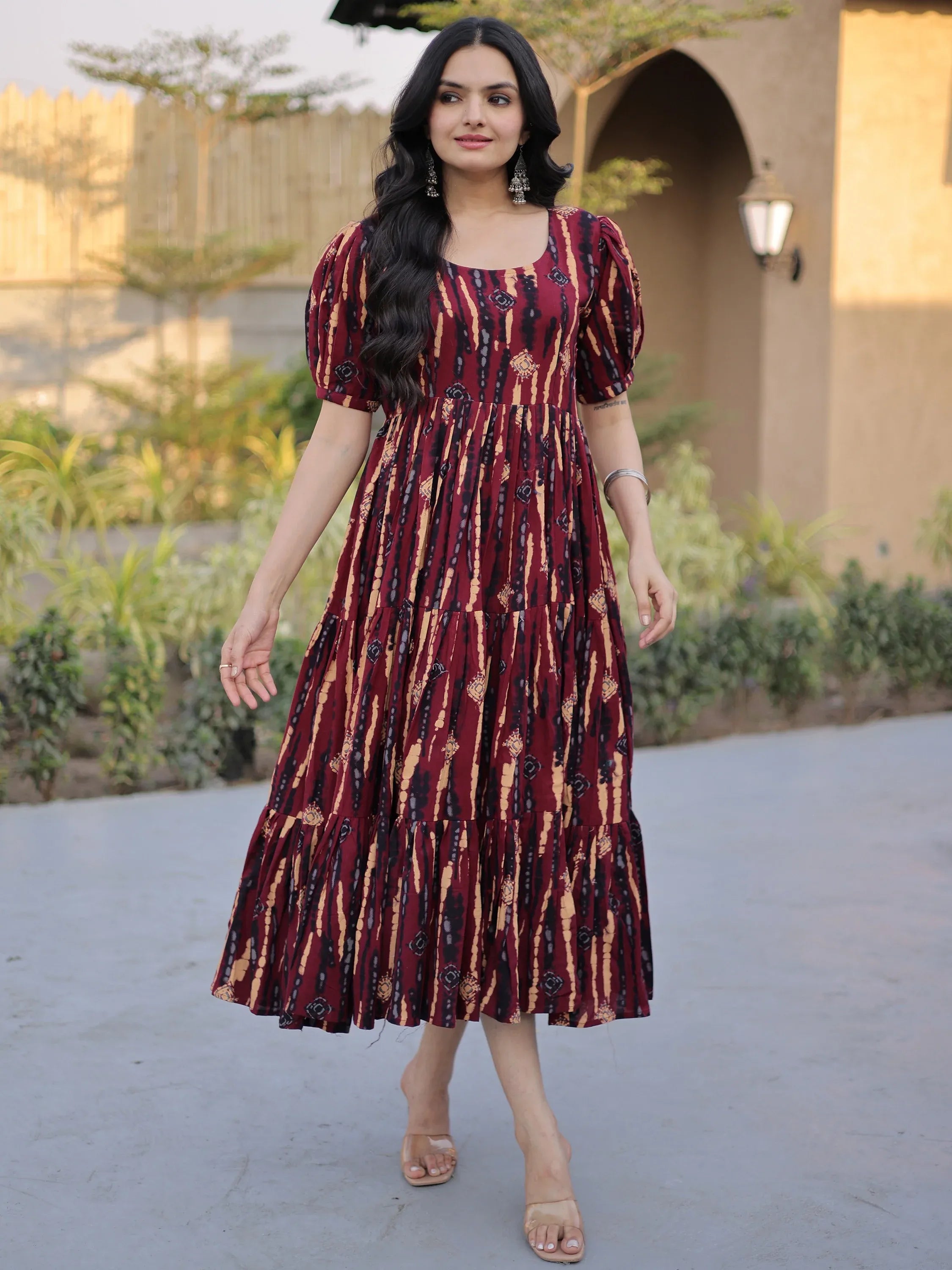 Fantastic Maroon Printed Cotton Casual Wear Dress