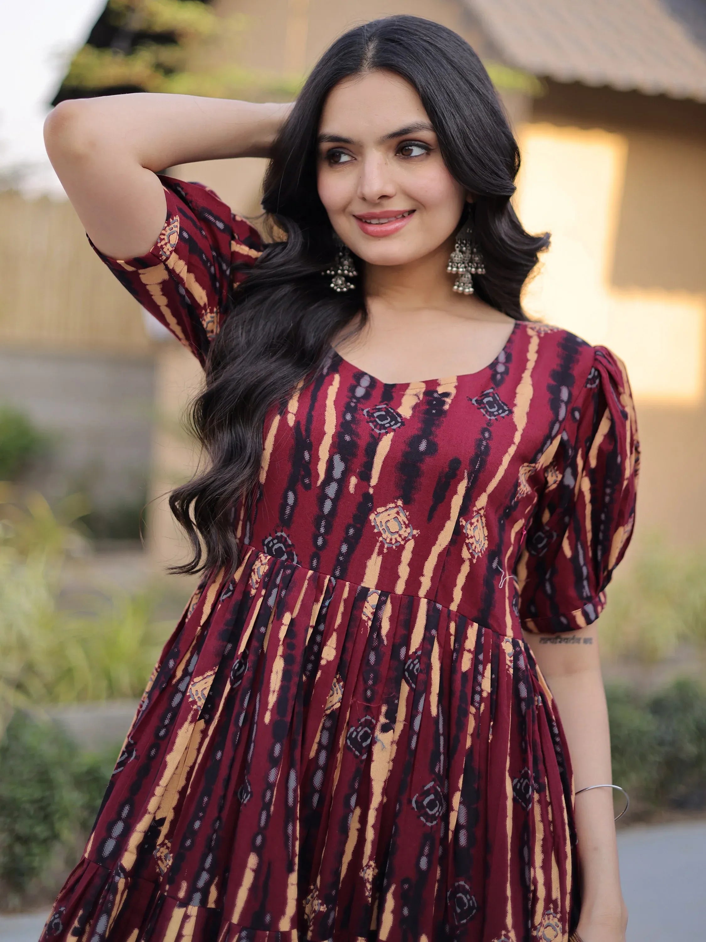 Fantastic Maroon Printed Cotton Casual Wear Dress