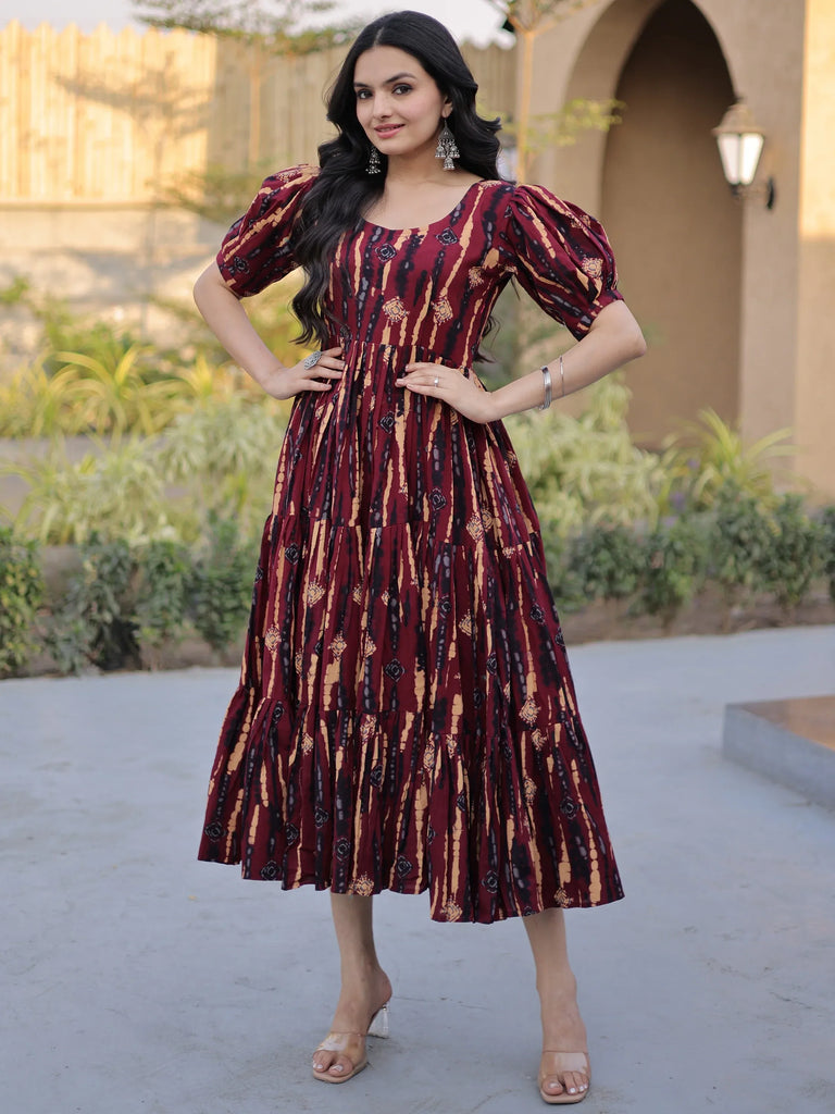 Fantastic Maroon Printed Cotton Casual Wear Dress