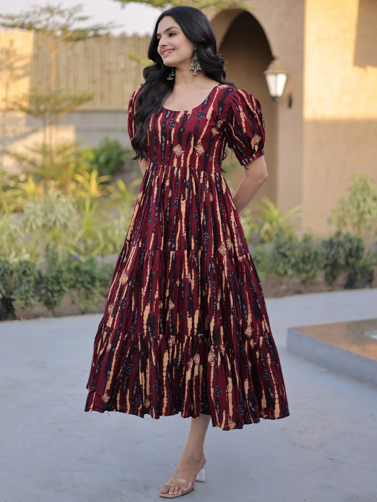 Fantastic Maroon Printed Cotton Casual Wear Dress