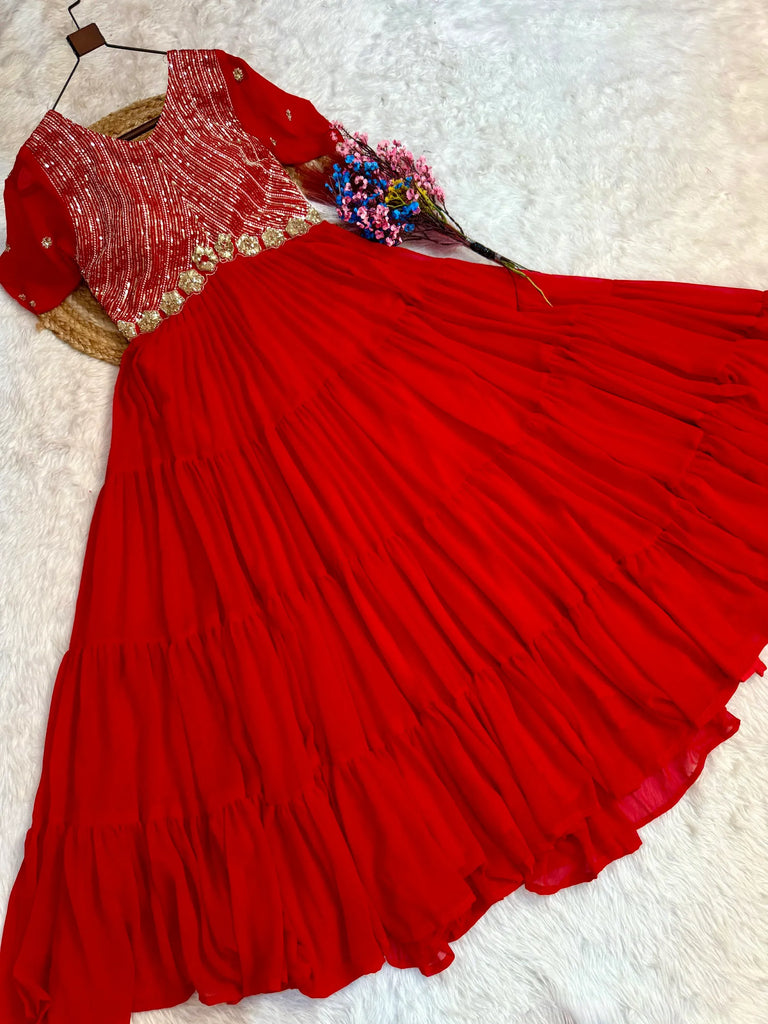 Lovable Red Sequins Georgette Wedding Wear Gown