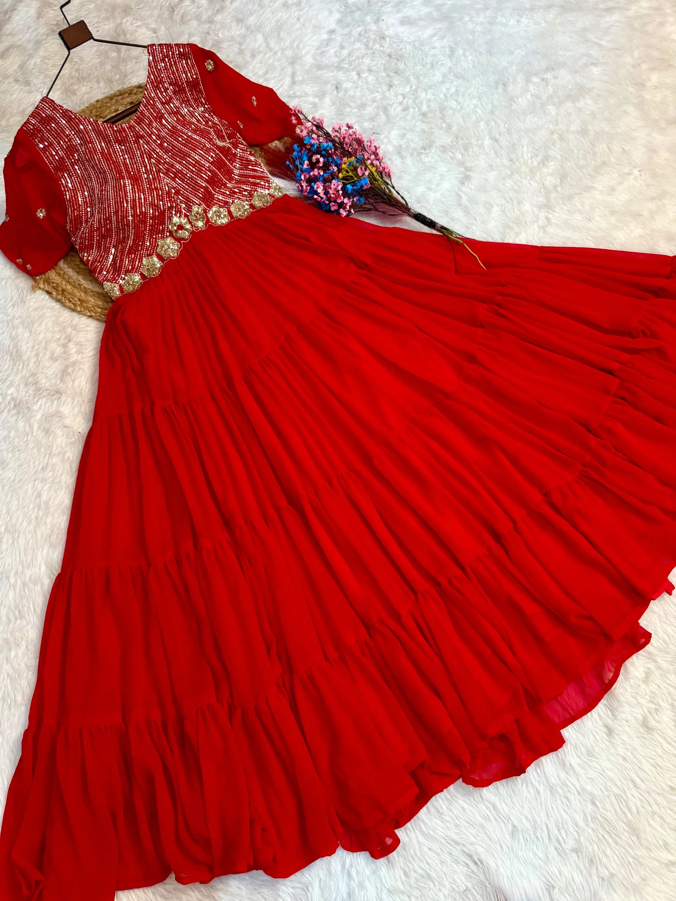 Lovable Red Sequins Georgette Wedding Wear Gown