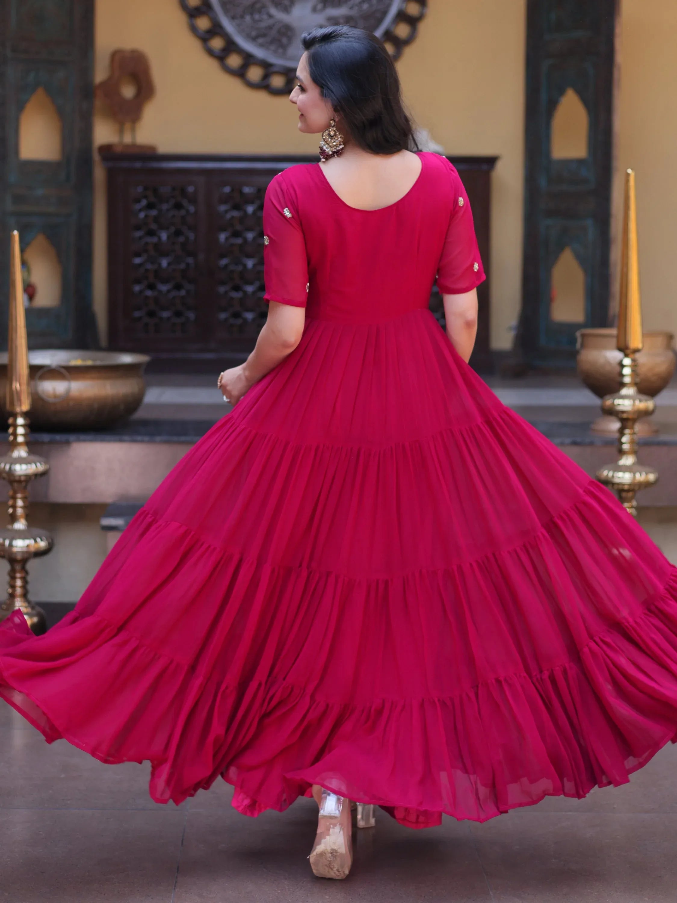 Stunning Rani Pink Zari Work Georgette Festive Wear Gown