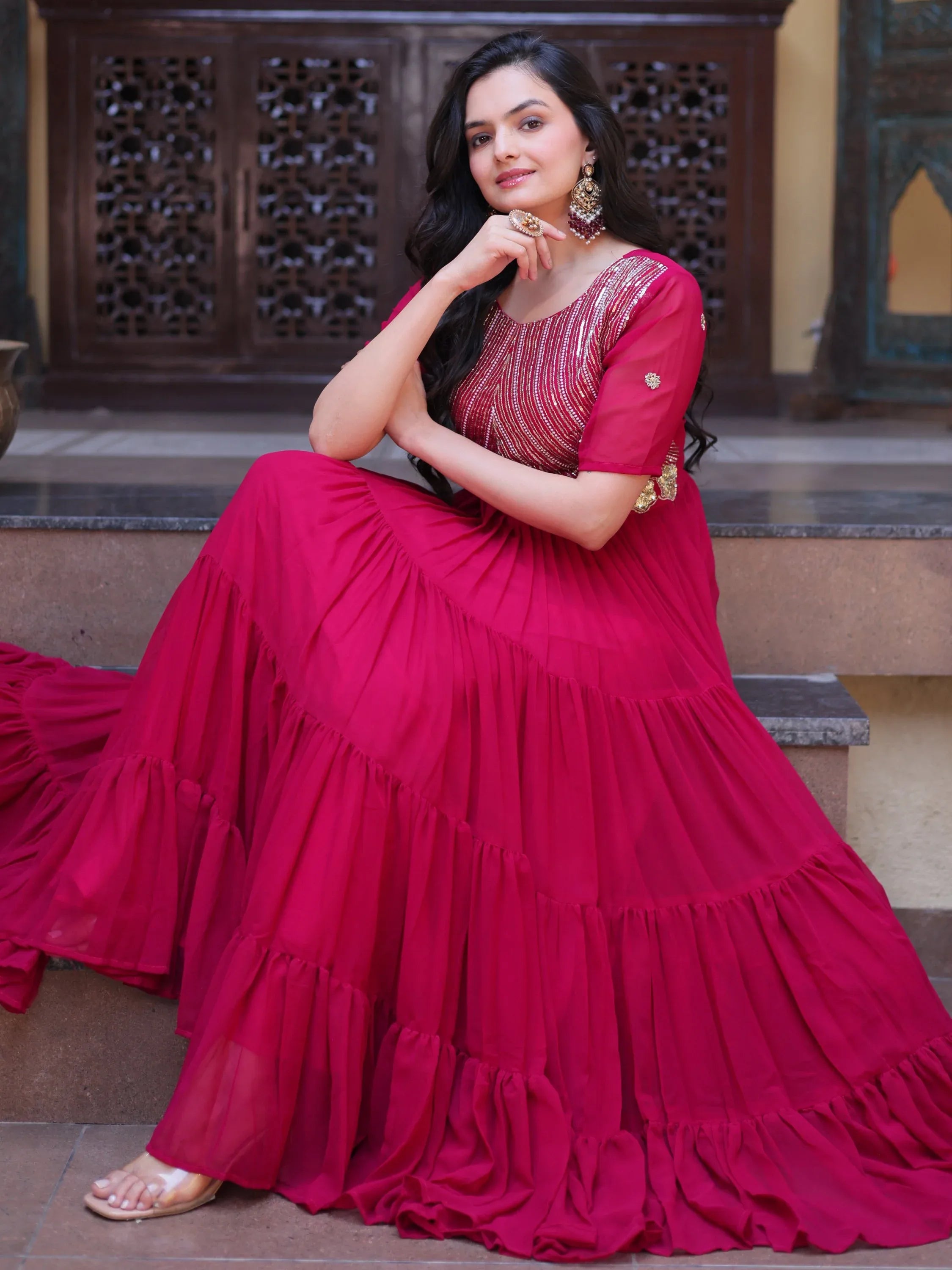 Stunning Rani Pink Zari Work Georgette Festive Wear Gown