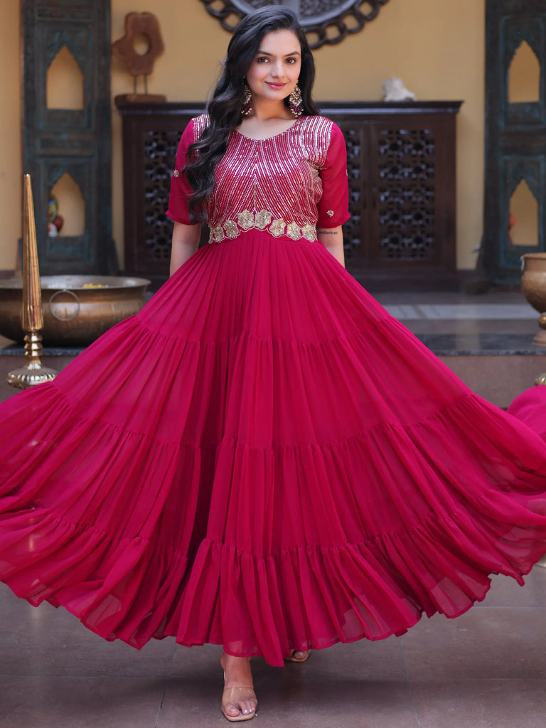 Stunning Rani Pink Zari Work Georgette Festive Wear Gown
