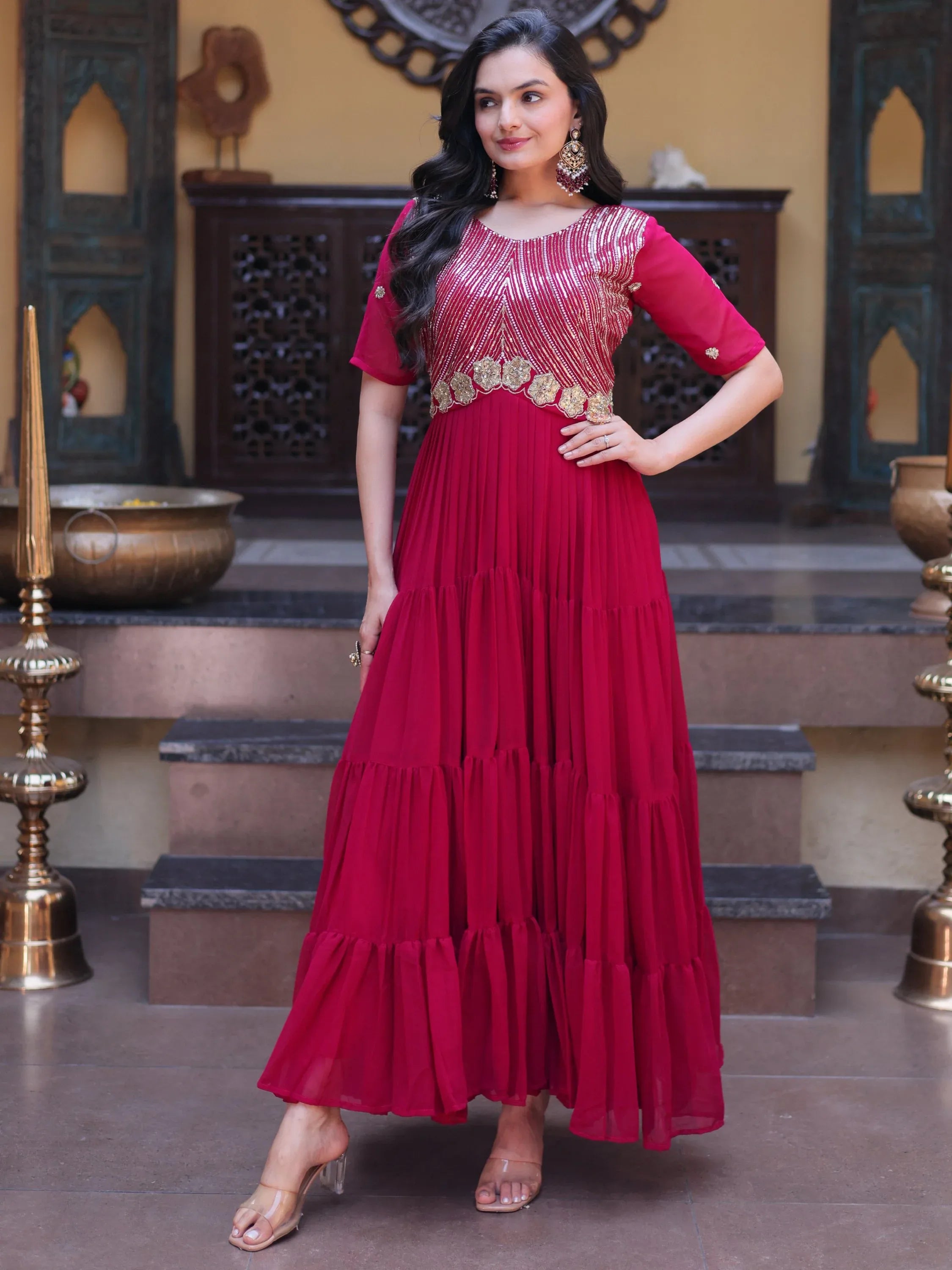 Stunning Rani Pink Zari Work Georgette Festive Wear Gown