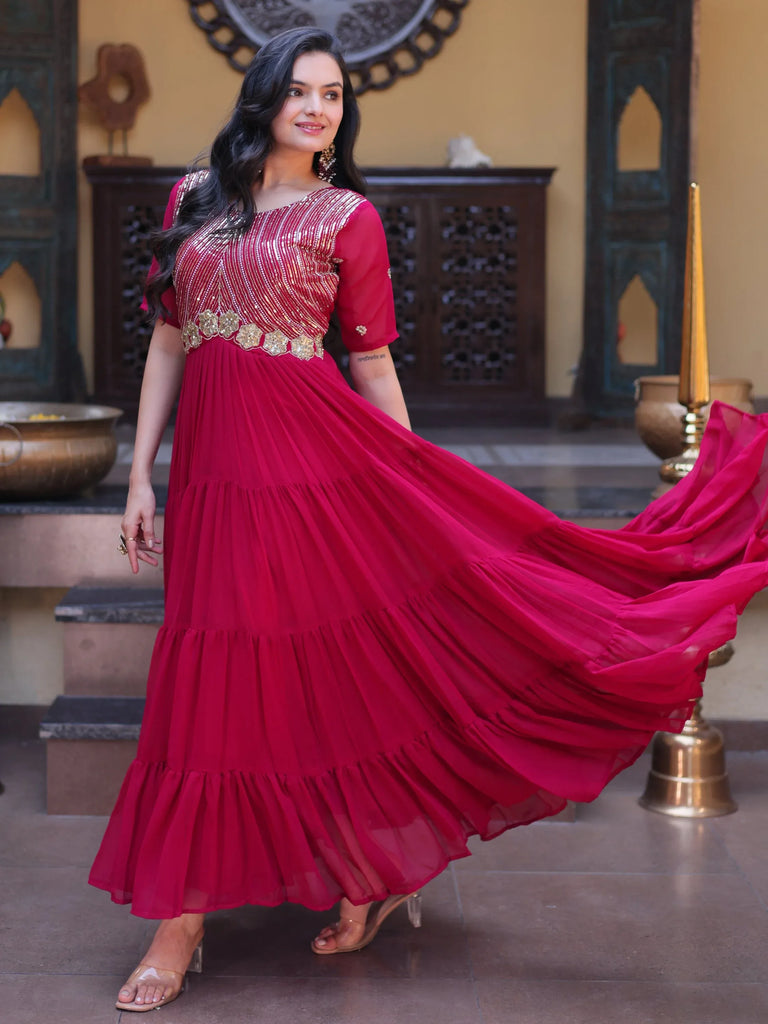 Stunning Rani Pink Zari Work Georgette Festive Wear Gown