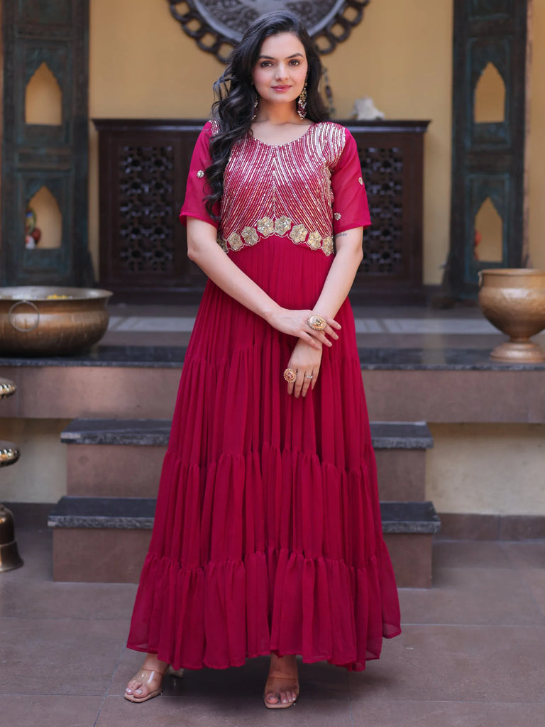 Stunning Rani Pink Zari Work Georgette Festive Wear Gown