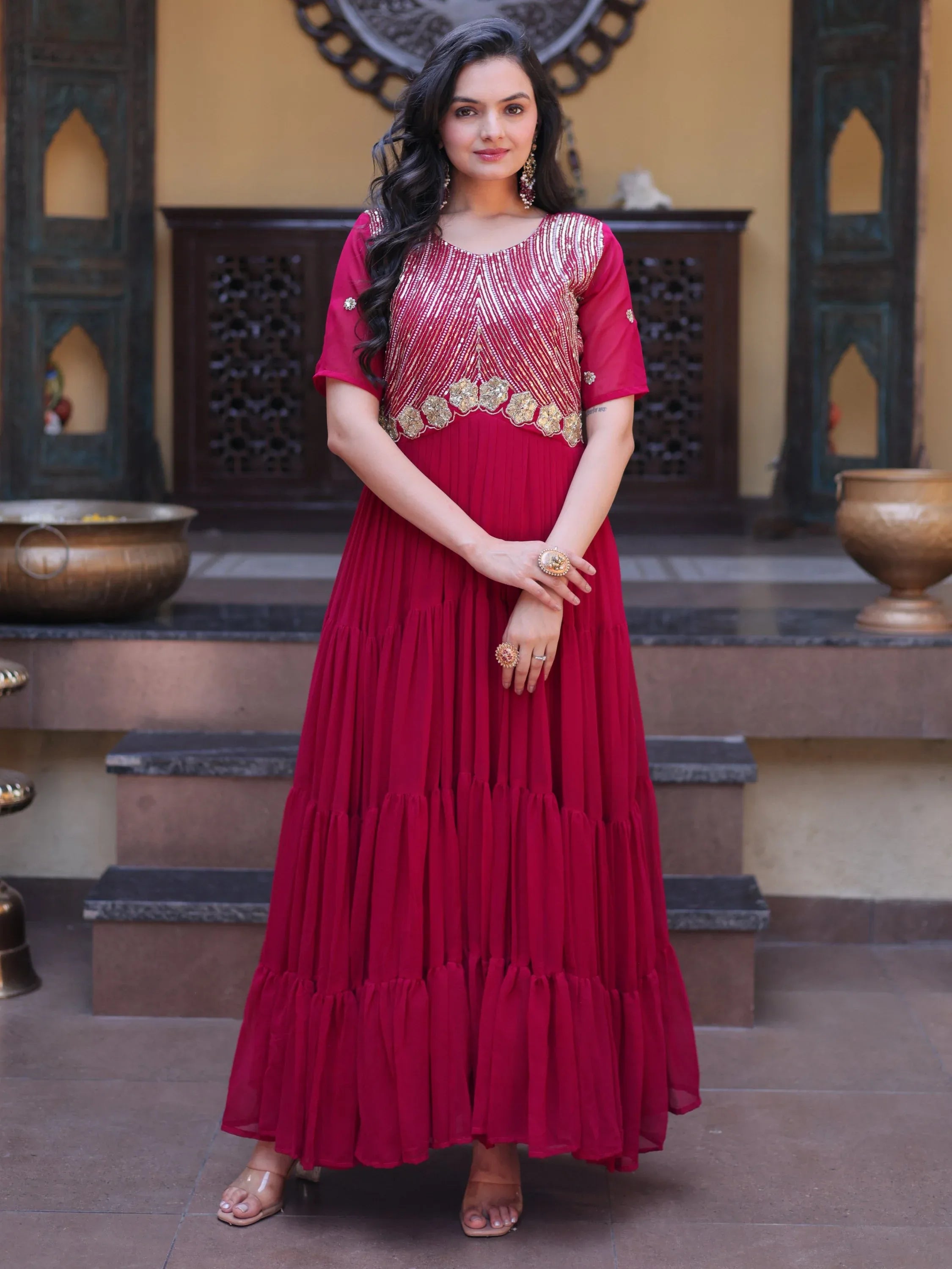 Stunning Rani Pink Zari Work Georgette Festive Wear Gown