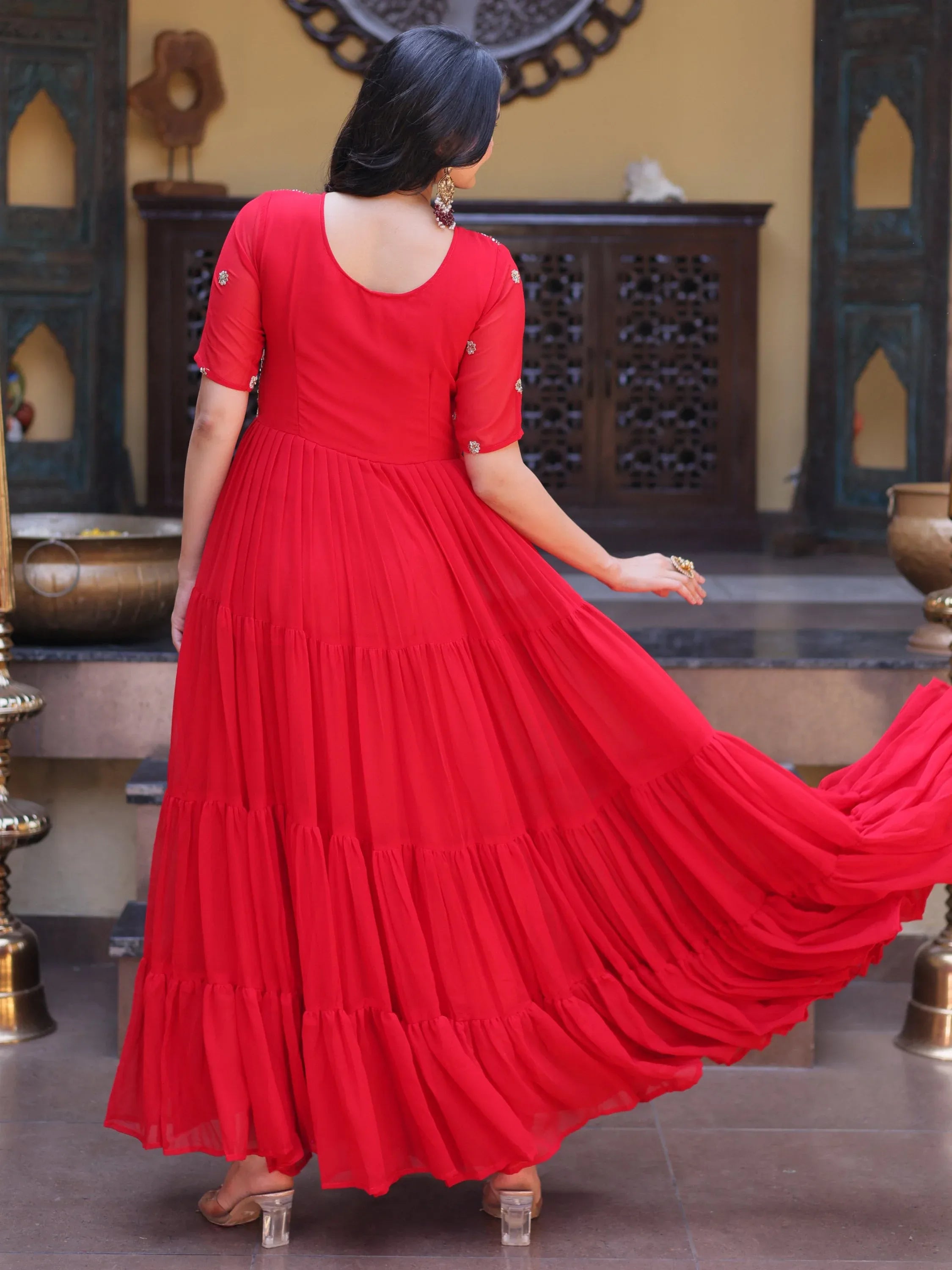 Lovable Red Sequins Georgette Wedding Wear Gown