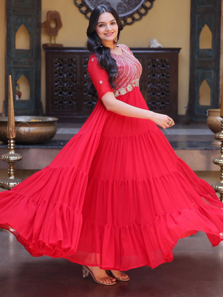 Lovable Red Sequins Georgette Wedding Wear Gown