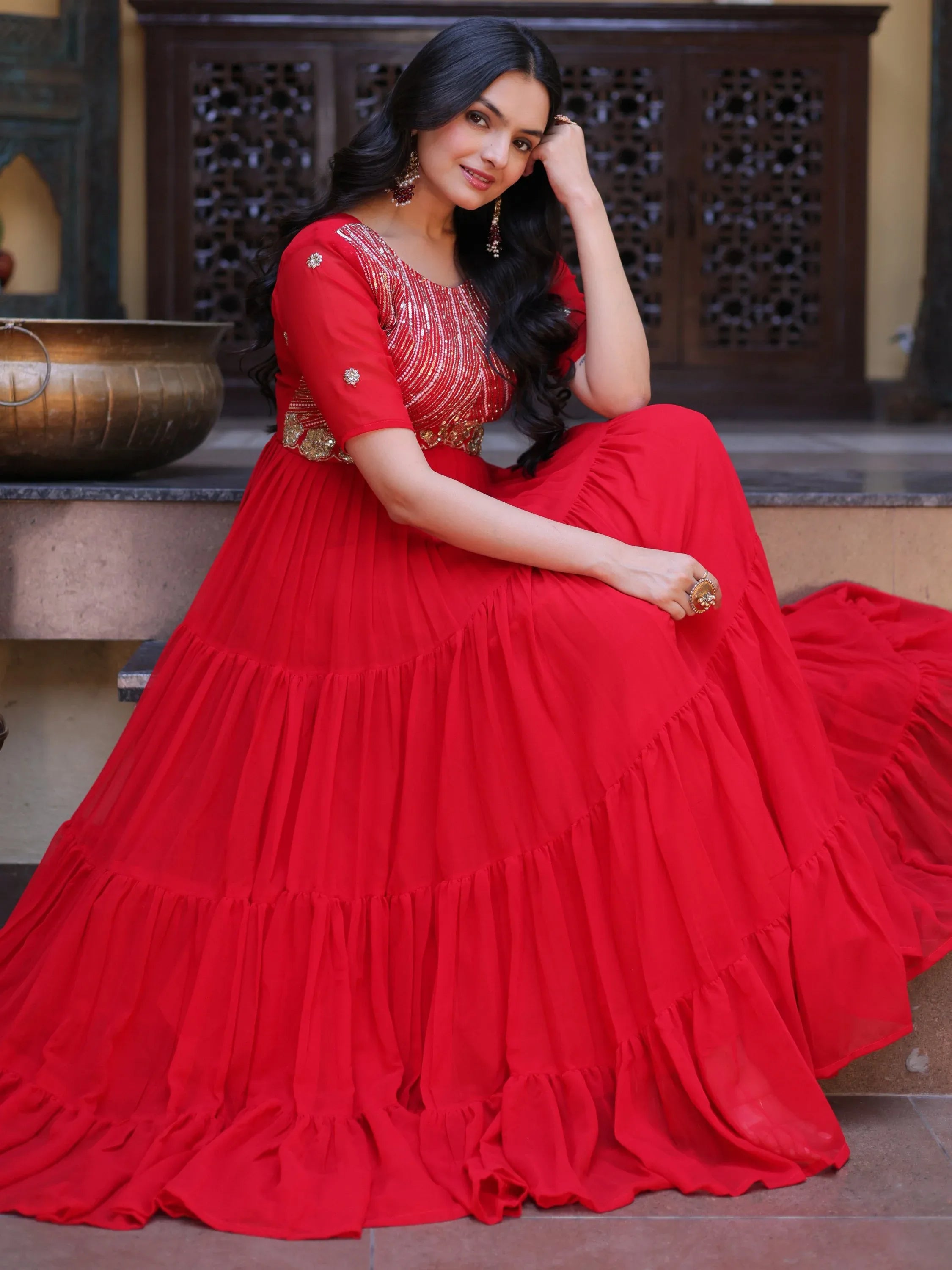 Lovable Red Sequins Georgette Wedding Wear Gown