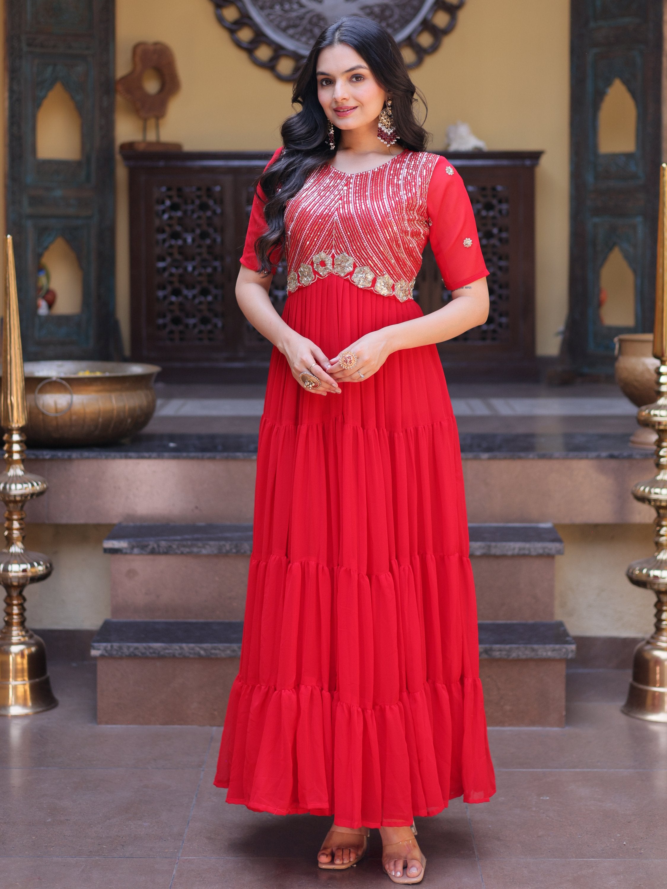 Lovable Red Sequins Georgette Wedding Wear Gown