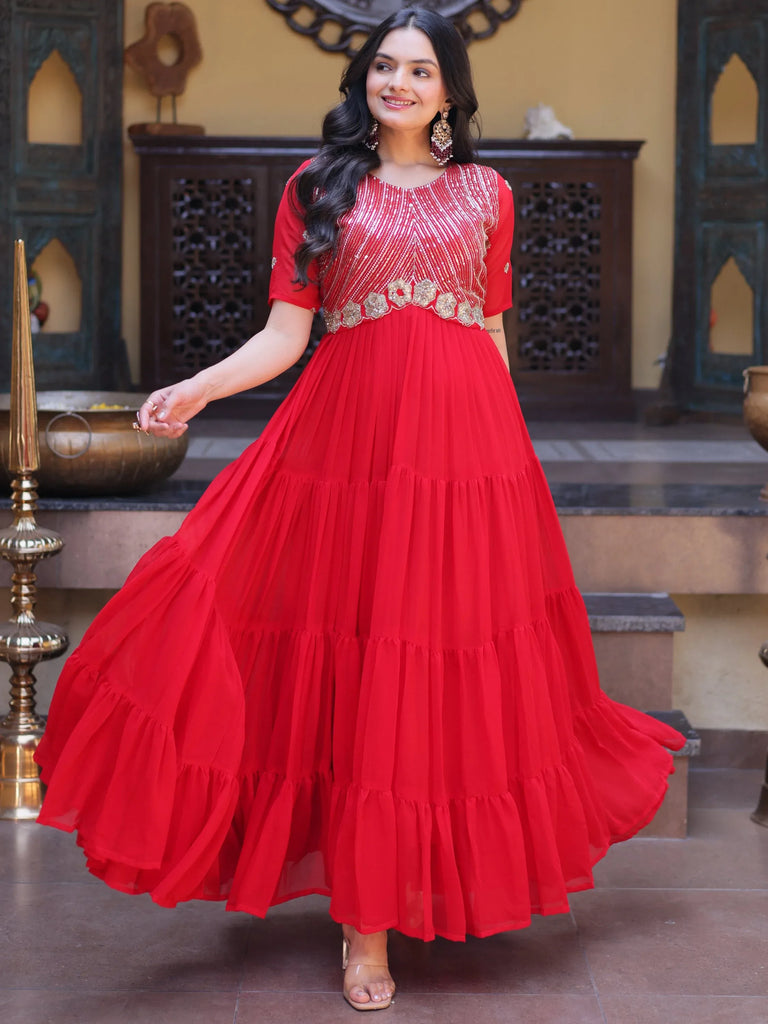 Lovable Red Sequins Georgette Wedding Wear Gown