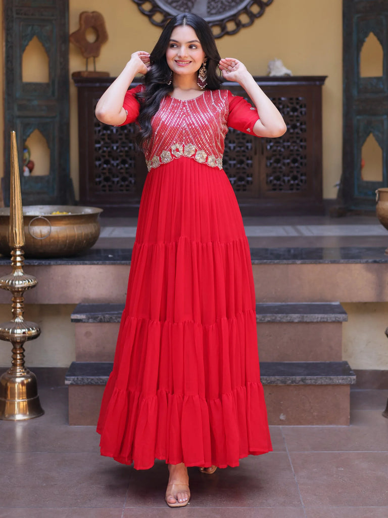 Lovable Red Sequins Georgette Wedding Wear Gown