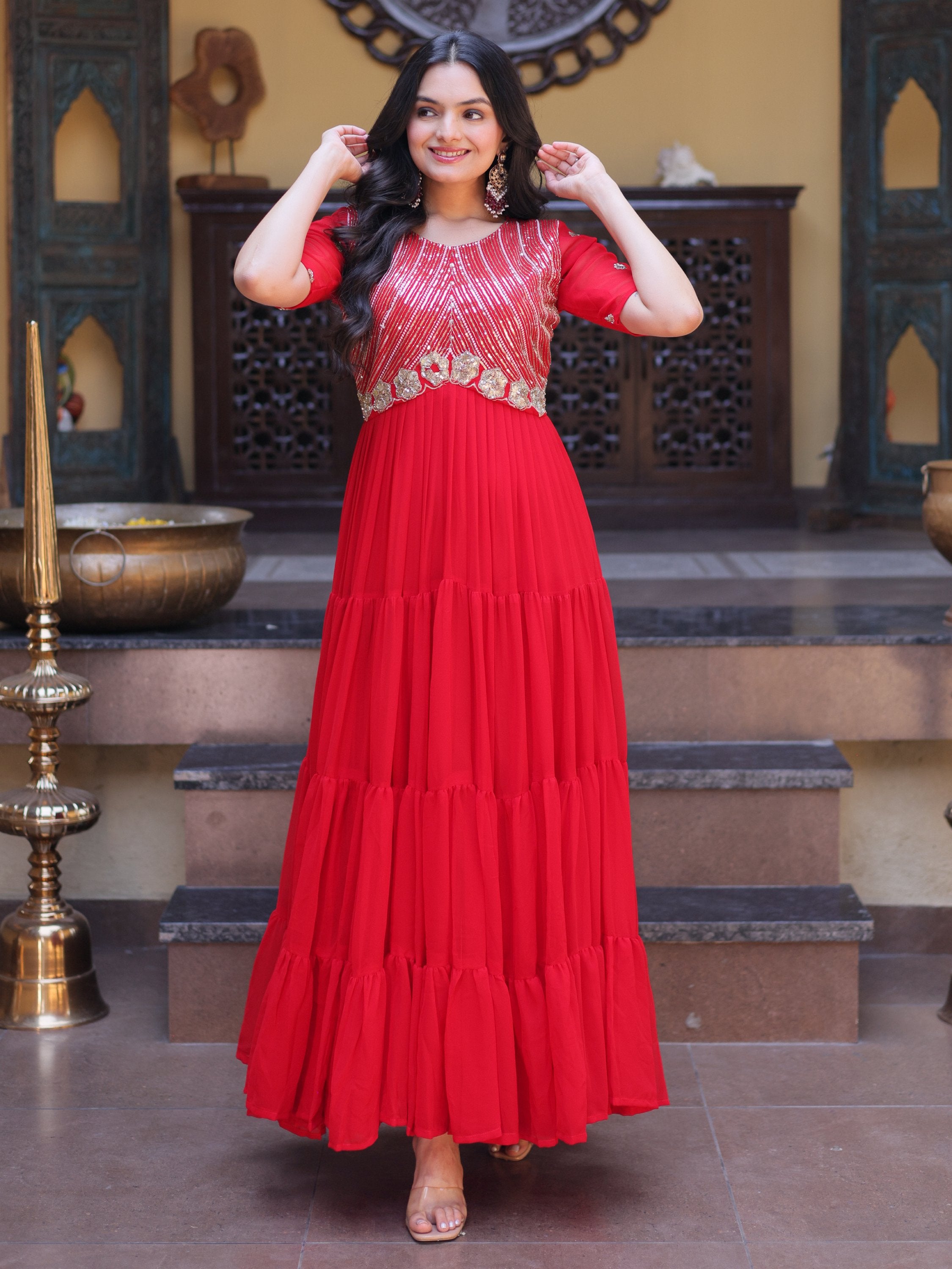 Lovable Red Sequins Georgette Wedding Wear Gown