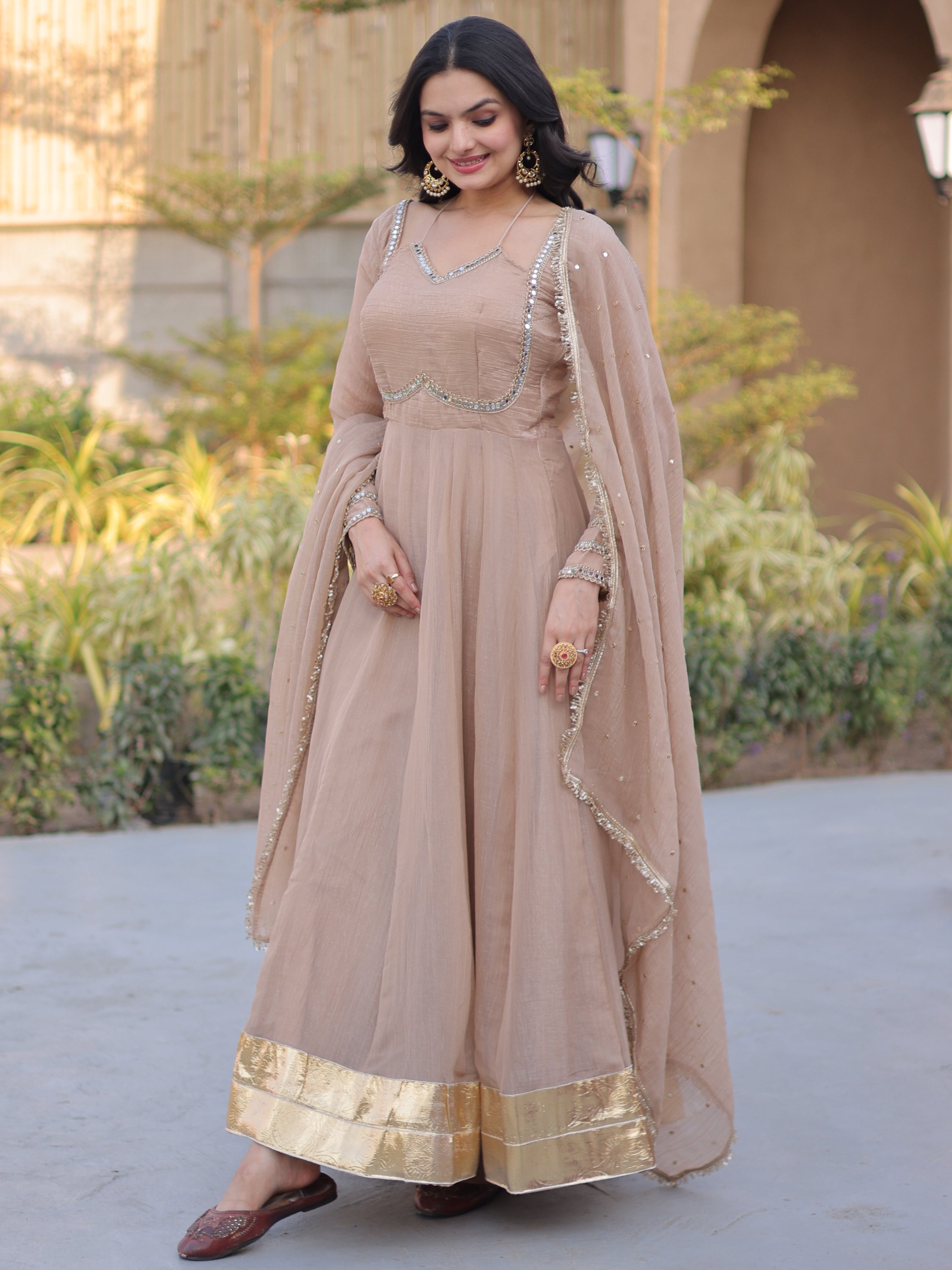 Stylish Beige Mirror Laced Georgette Function Wear Gown With Dupatta
