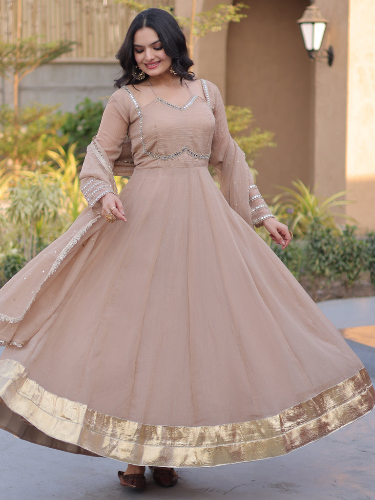 Stylish Beige Mirror Laced Georgette Function Wear Gown With Dupatta
