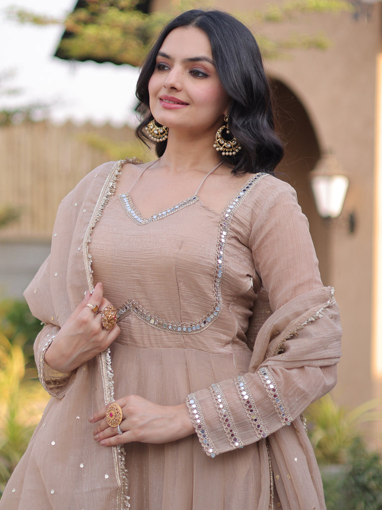 Stylish Beige Mirror Laced Georgette Function Wear Gown With Dupatta