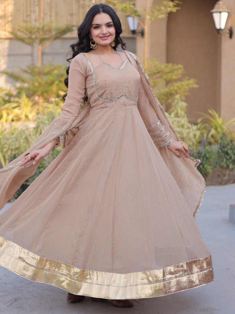 Stylish Beige Mirror Laced Georgette Function Wear Gown With Dupatta