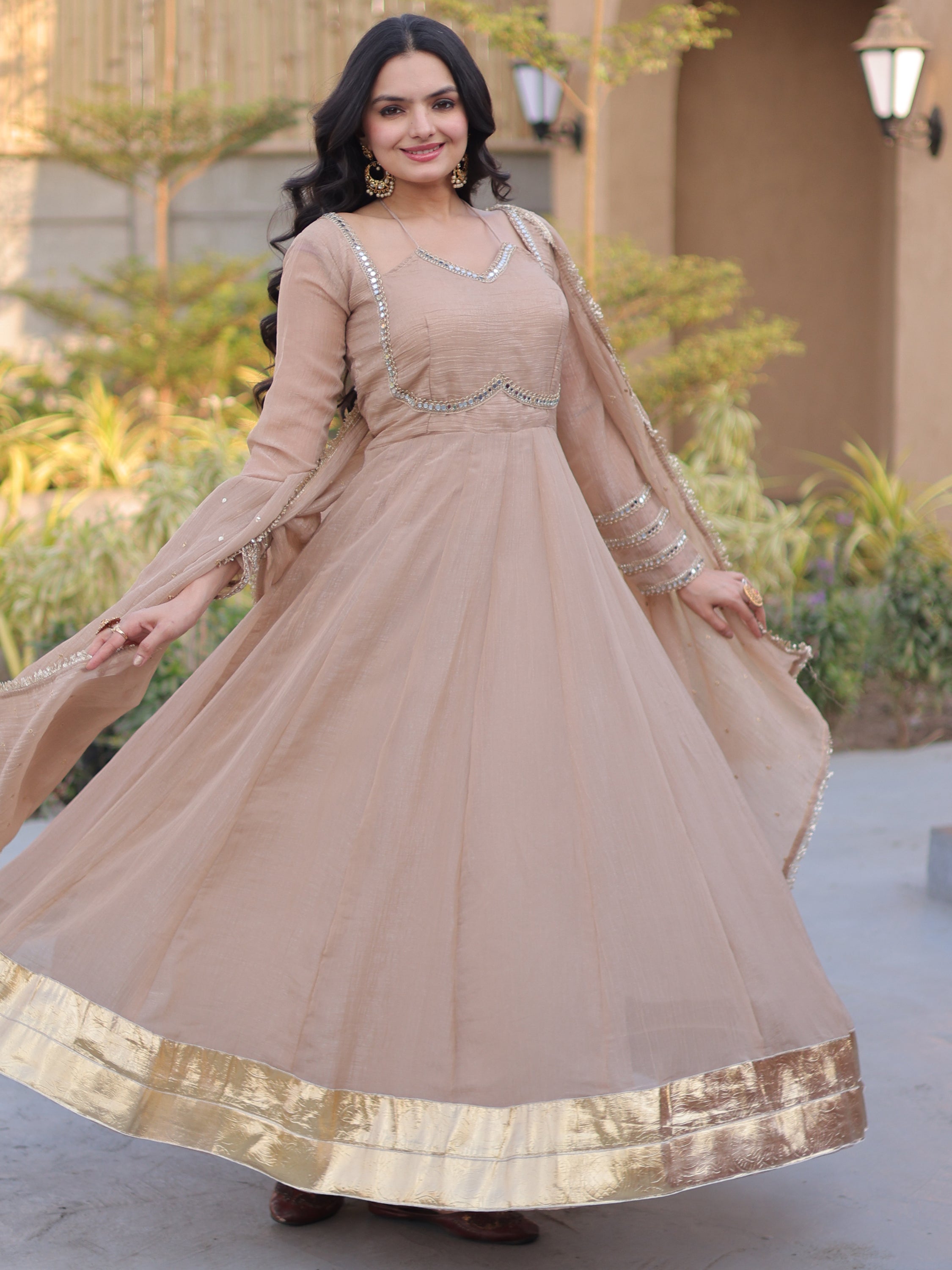 Stylish Beige Mirror Laced Georgette Function Wear Gown With Dupatta