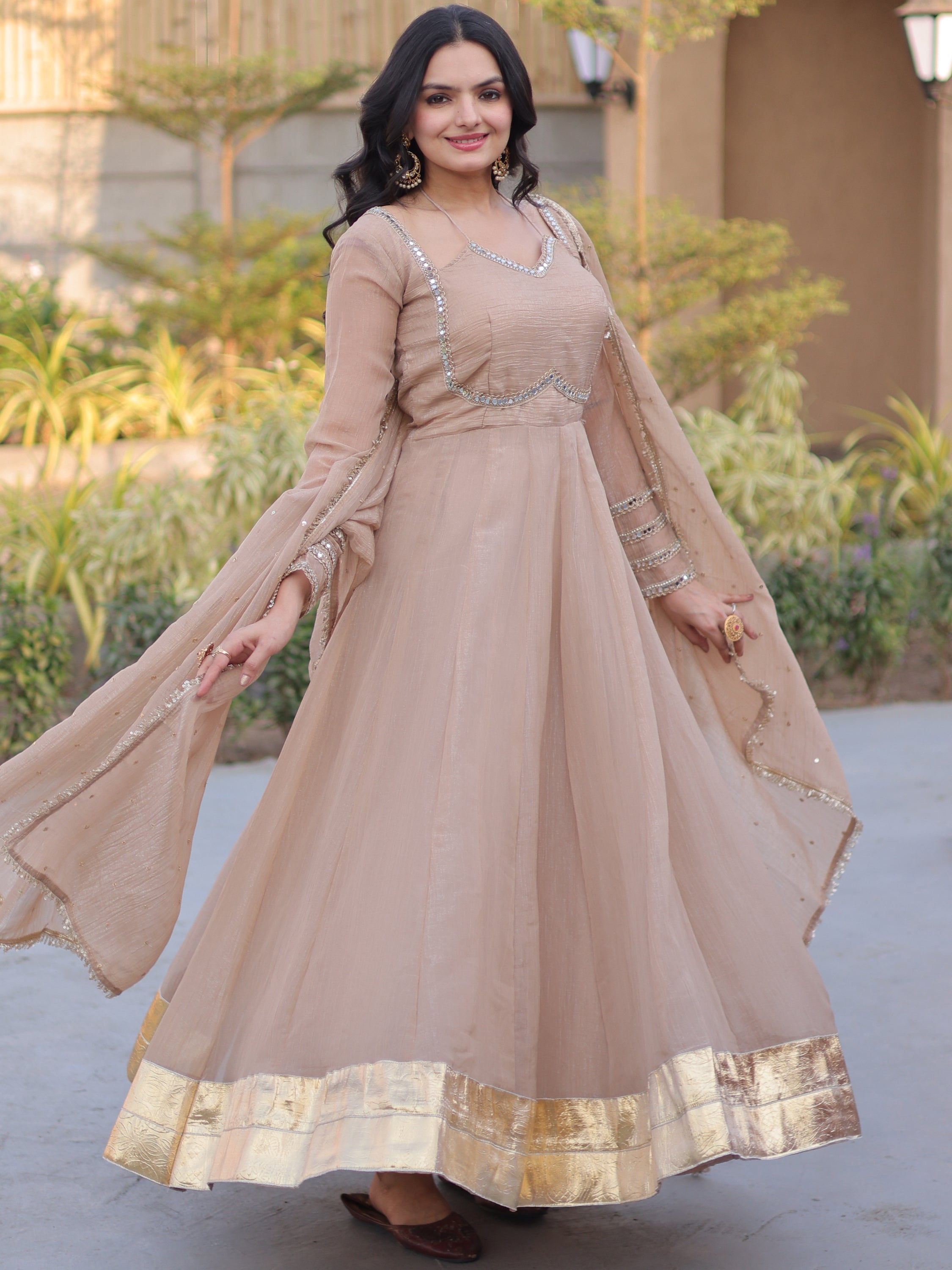 Stylish Beige Mirror Laced Georgette Function Wear Gown With Dupatta
