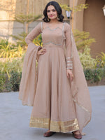 Stylish Beige Mirror Laced Georgette Function Wear Gown With Dupatta