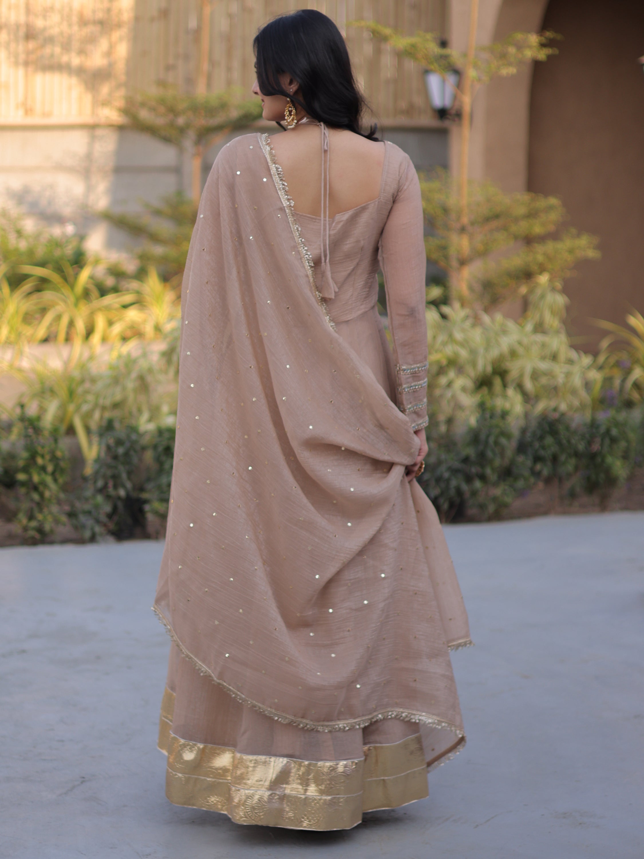 Stylish Beige Mirror Laced Georgette Function Wear Gown With Dupatta
